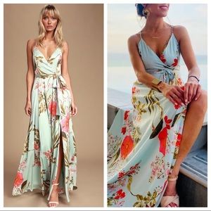 Lulus Still the One Sage Green Floral Print Satin Maxi Dress